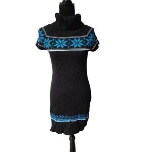 Sweet Kizz Sweater Dress Women's Snowflake Cowl Short Sleeve Black Blue Size M